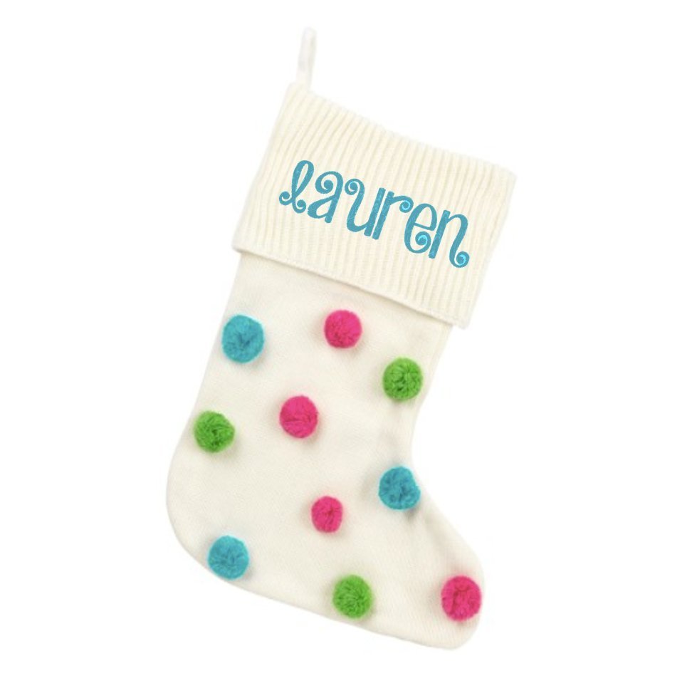 Viv & Lou Monogrammed Multi-Color Pom-Pom Knit Stocking | CeCe's Home & Gifts