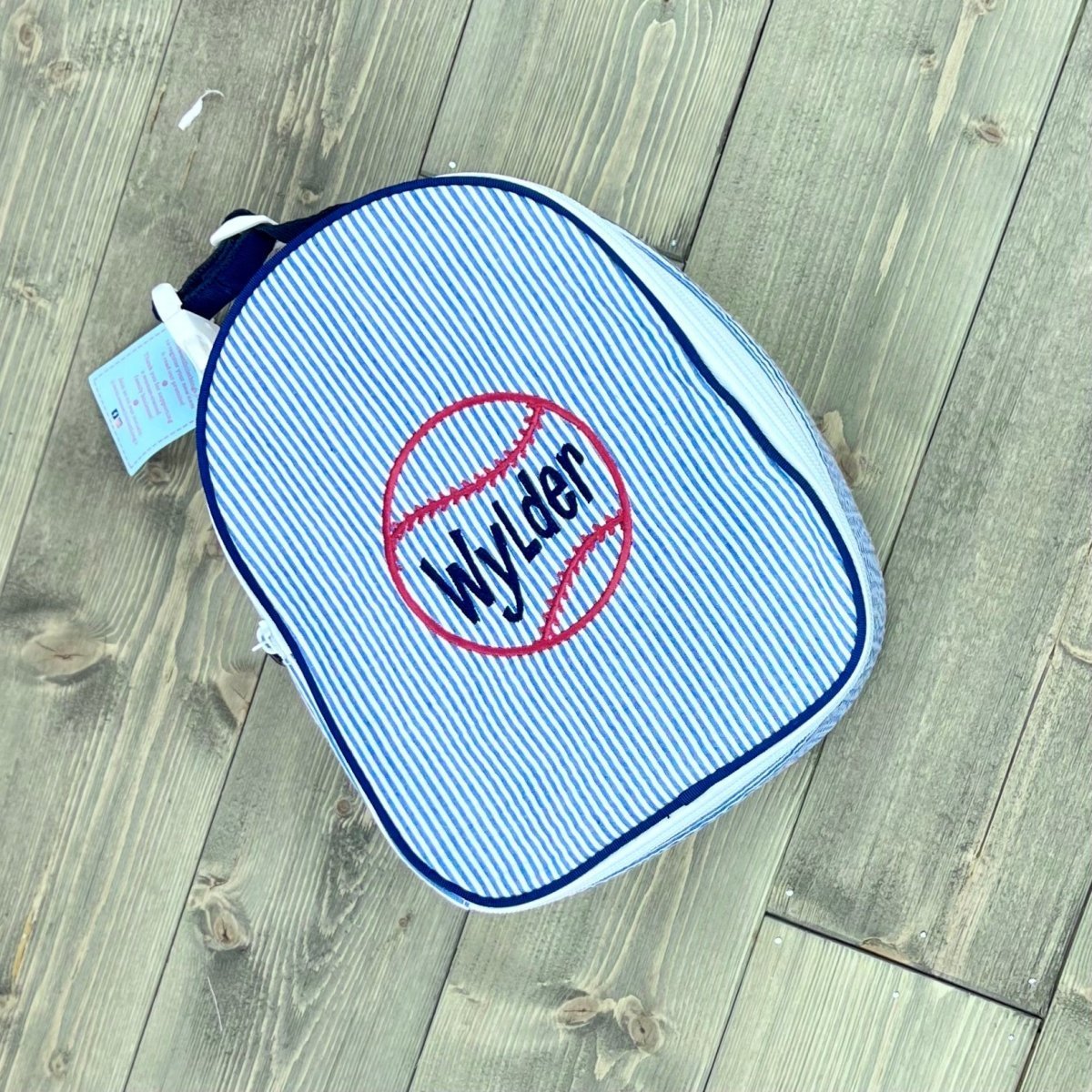 Oh Mint! Monogrammed Navy Seersucker Gumdrop Lunchbox | CeCe's Home & Gifts