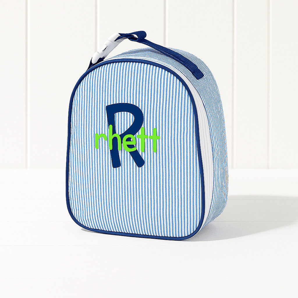 Oh Mint! Monogrammed Navy Seersucker Gumdrop Lunchbox | CeCe's Home & Gifts