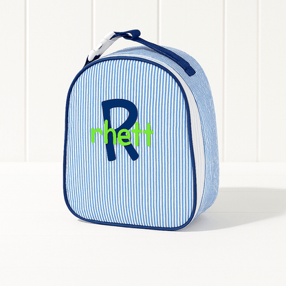 Oh Mint! Monogrammed Navy Seersucker Gumdrop Lunchbox | CeCe's Home & Gifts