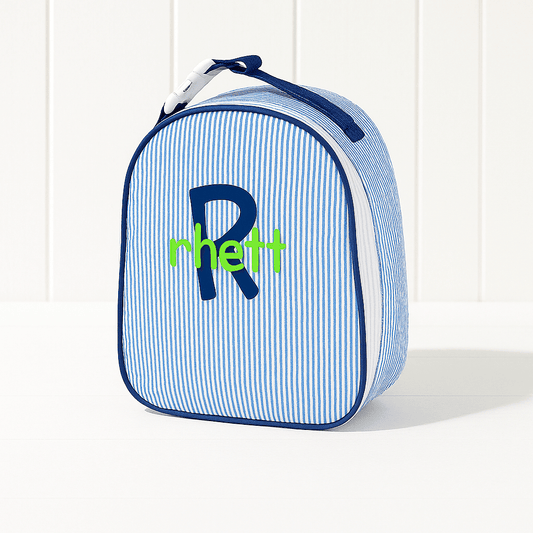 Oh Mint! Monogrammed Navy Seersucker Gumdrop Lunchbox | CeCe's Home & Gifts