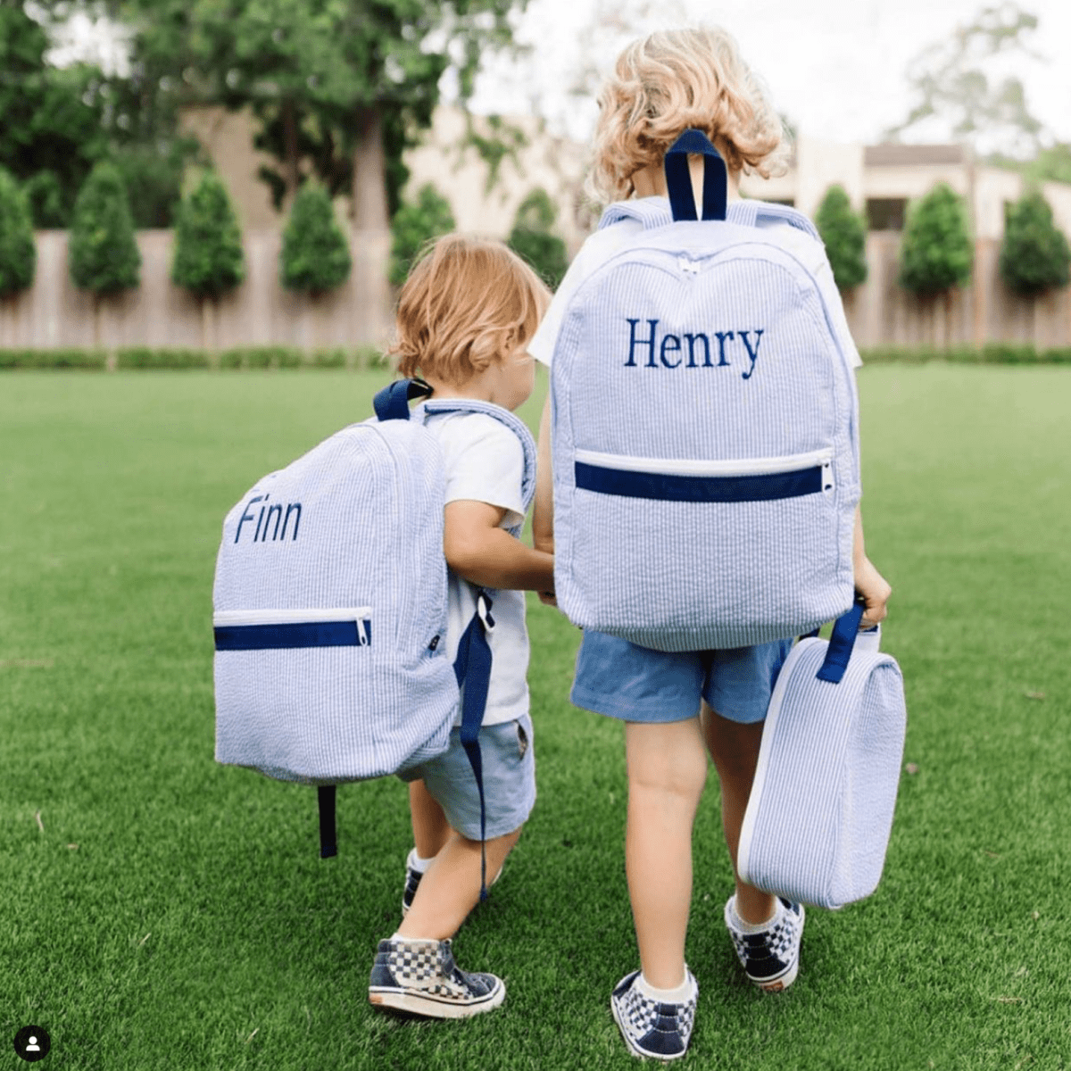 Oh Mint! Monogrammed Navy Seersucker Medium Backpack | CeCe's Home & Gifts