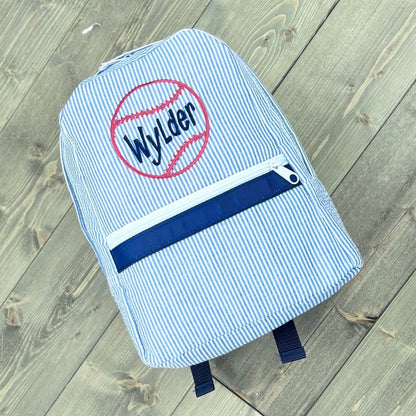 Oh Mint! Monogrammed Navy Seersucker Small Backpack | CeCe's Home & Gifts