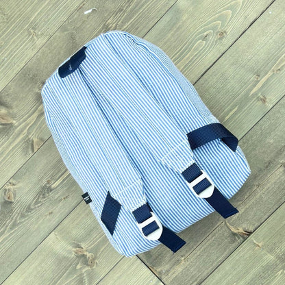 Oh Mint! Monogrammed Navy Seersucker Small Backpack | CeCe's Home & Gifts