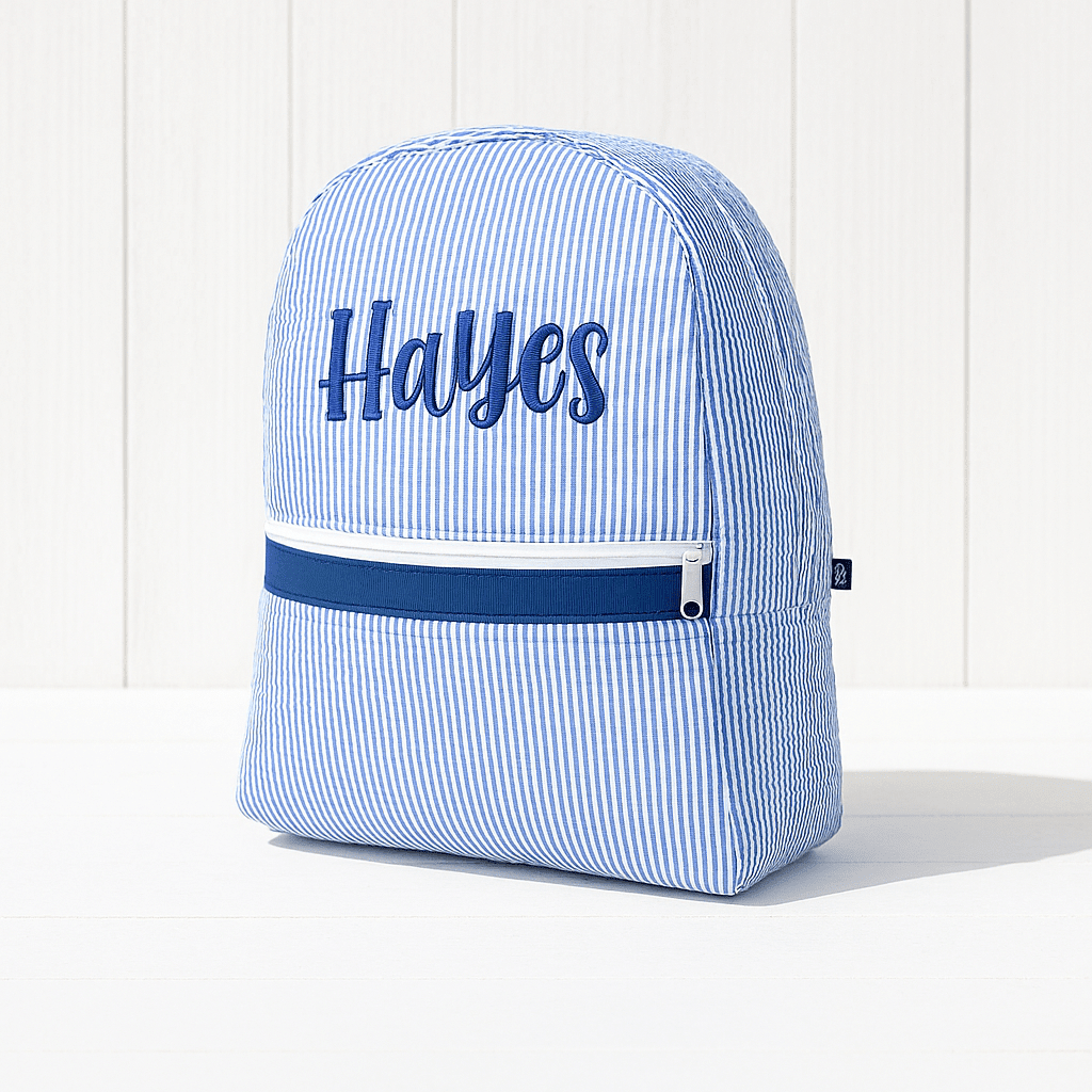 Oh Mint! Monogrammed Navy Seersucker Small Backpack | CeCe's Home & Gifts