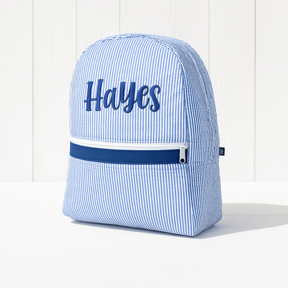 Oh Mint! Monogrammed Navy Seersucker Small Backpack | CeCe's Home & Gifts