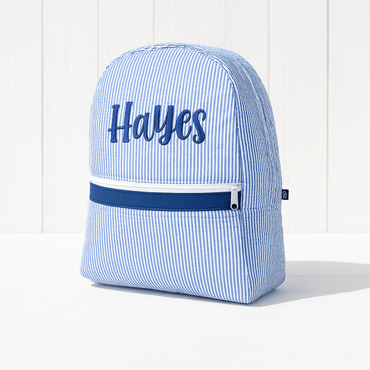Oh Mint! Monogrammed Navy Seersucker Small Backpack | CeCe's Home & Gifts