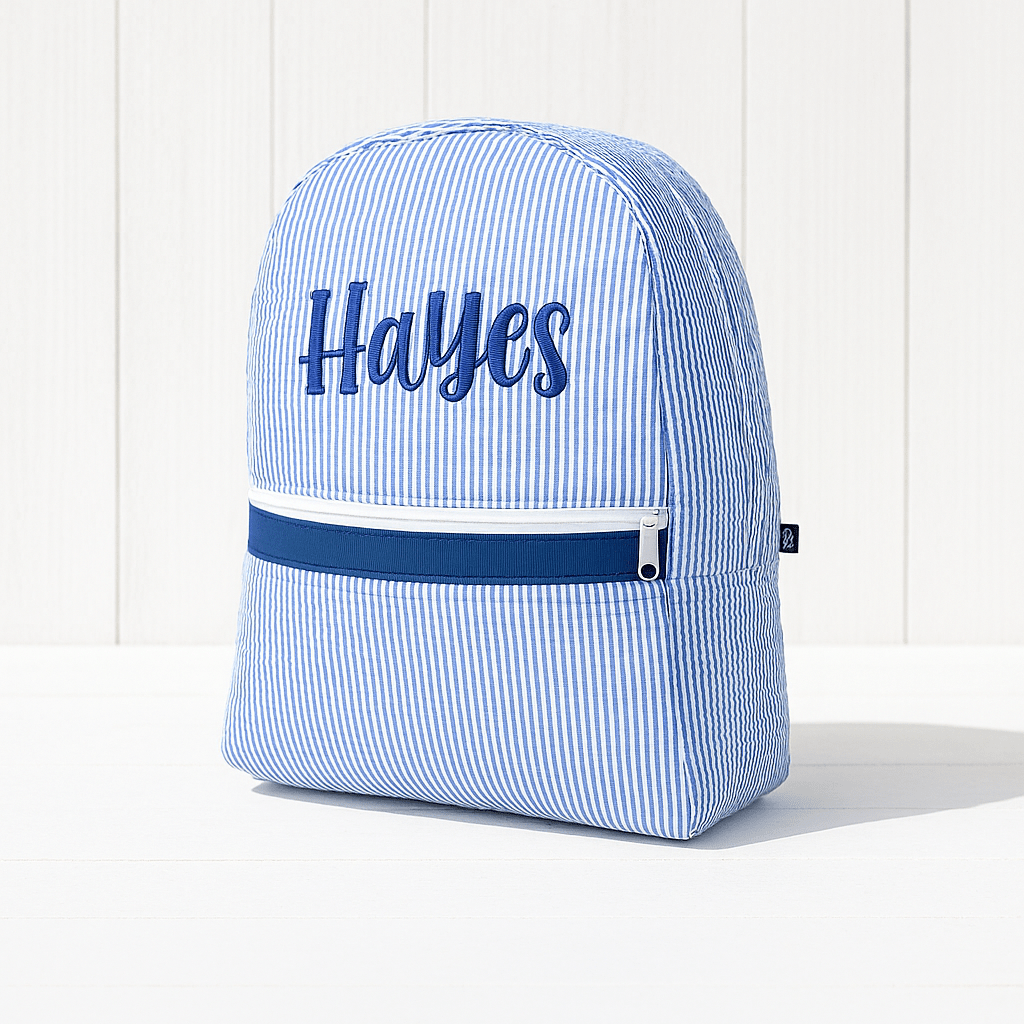 Oh Mint! Monogrammed Navy Seersucker Small Backpack | CeCe's Home & Gifts
