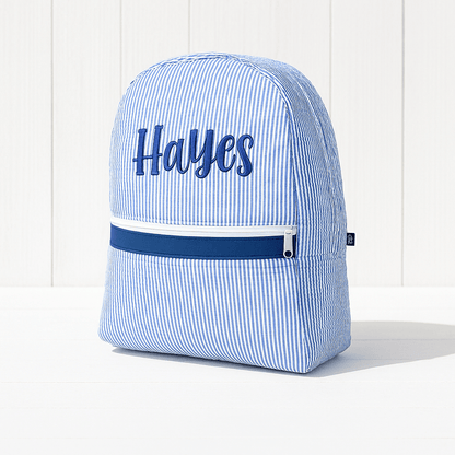 Oh Mint! Monogrammed Navy Seersucker Small Backpack | CeCe's Home & Gifts