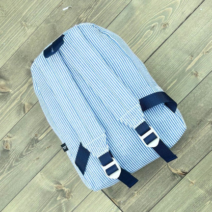 Oh Mint! Monogrammed Navy Seersucker Small Backpack | CeCe's Home & Gifts