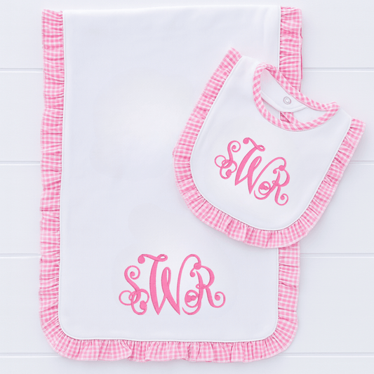 CeCe's Home & Gifts Monogrammed Pink Gingham Ruffle Bib & Burp Cloth Set | CeCe's Home & Gifts