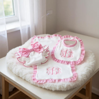 CeCe's Home & Gifts Monogrammed Pink Gingham Ruffle Bib, Burp & Diaper Cover Set | CeCe's Home & Gifts