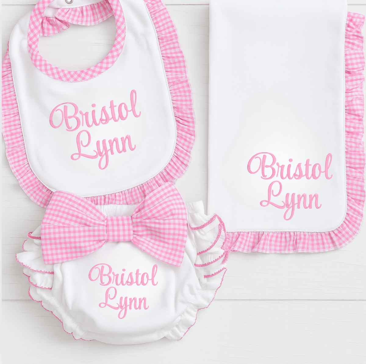 CeCe's Home & Gifts Monogrammed Pink Gingham Ruffle Bib, Burp & Diaper Cover Set | CeCe's Home & Gifts