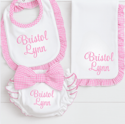 CeCe's Home & Gifts Monogrammed Pink Gingham Ruffle Bib, Burp & Diaper Cover Set | CeCe's Home & Gifts