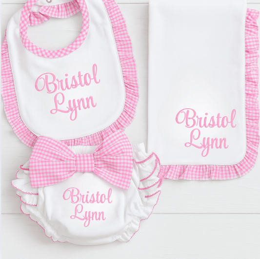 CeCe's Home & Gifts Monogrammed Pink Gingham Ruffle Bib, Burp & Diaper Cover Set | CeCe's Home & Gifts