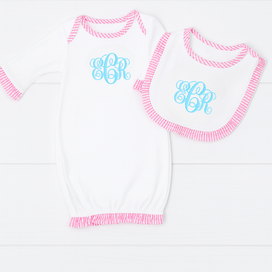 CeCe's Home & Gifts Monogrammed Pink Gingham Ruffle Day Gown & Bib | CeCe's Home & Gifts
