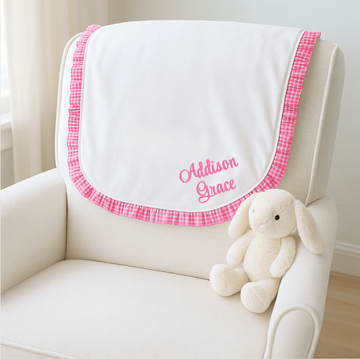 CeCe's Home & Gifts Monogrammed Pink Gingham Ruffle Receiving Blanket | CeCe's Home & Gifts
