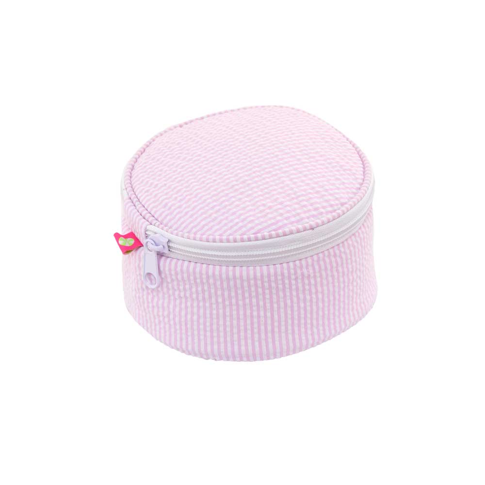 Oh Mint! Monogrammed Pink Seersucker Button Jewelry Bag | CeCe's Home & Gifts