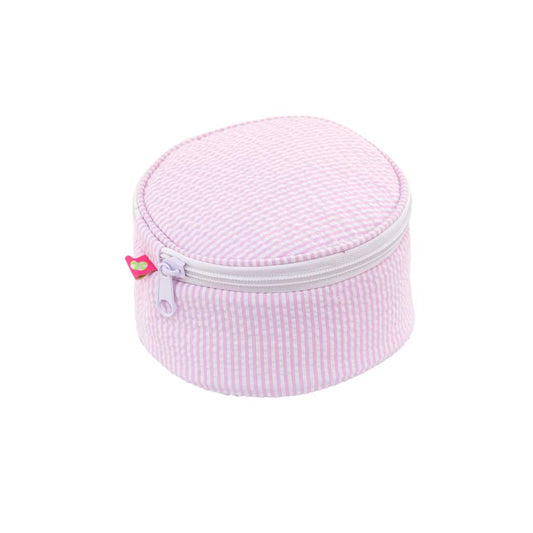Oh Mint! Monogrammed Pink Seersucker Button Jewelry Bag | CeCe's Home & Gifts