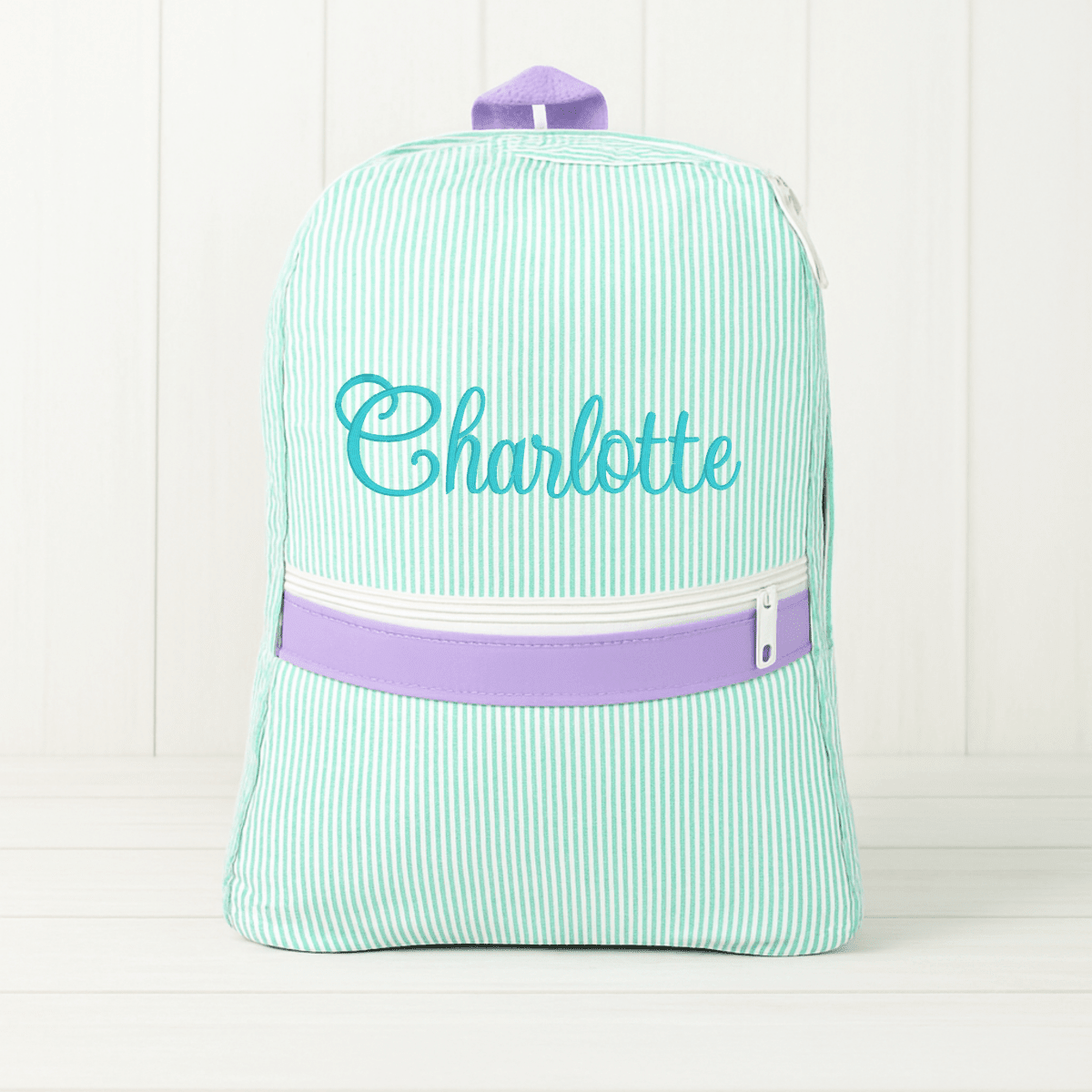 Oh Mint! Monogrammed pink Seersucker Small Backpack | CeCe's Home & Gifts