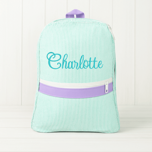 Oh Mint! Monogrammed pink Seersucker Small Backpack | CeCe's Home & Gifts