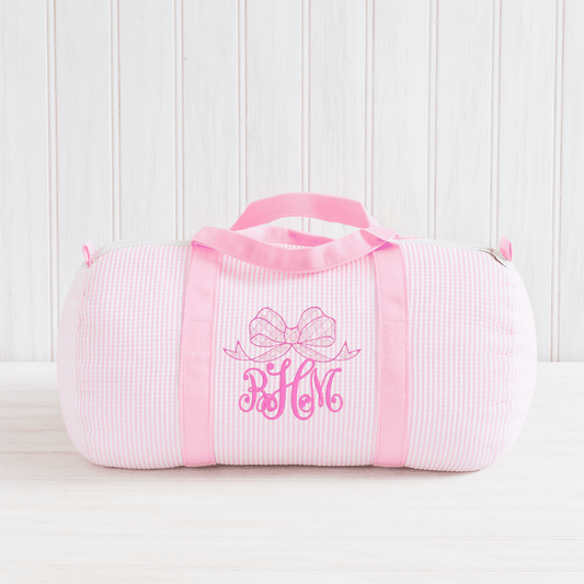 Oh Mint! Monogrammed Pink Seersucker Small Duffel | CeCe's Home & Gifts