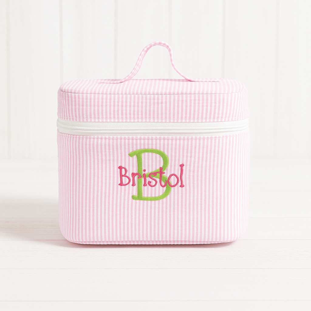 Oh Mint! Monogrammed Pink Stripe Seersucker Train Case | CeCe's Home & Gifts