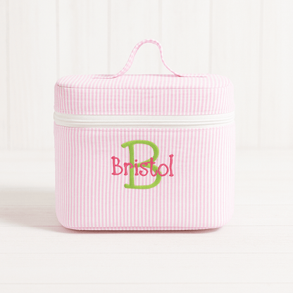 Oh Mint! Monogrammed Pink Stripe Seersucker Train Case | CeCe's Home & Gifts