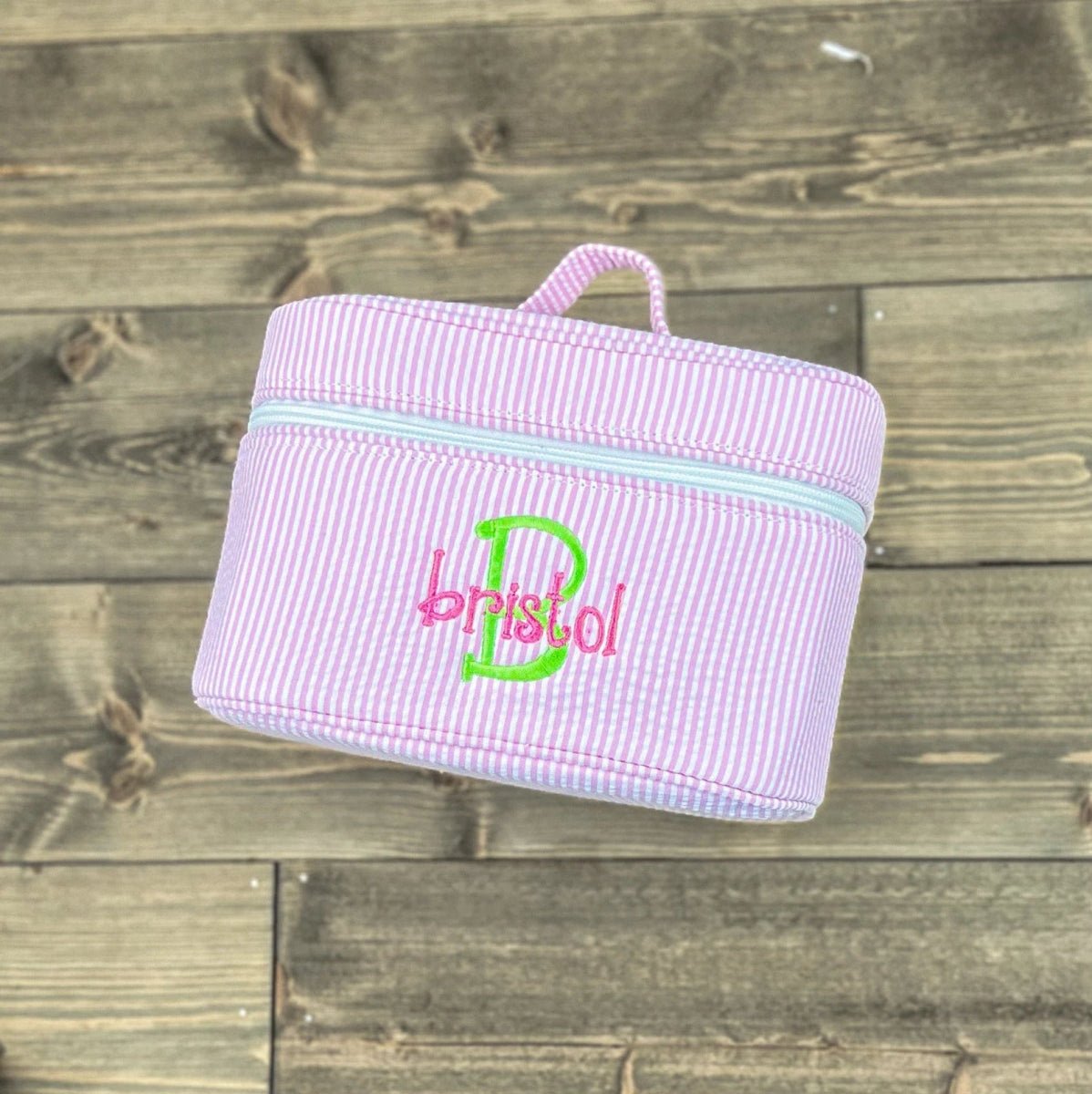 Oh Mint! Monogrammed Pink Stripe Seersucker Train Case | CeCe's Home & Gifts