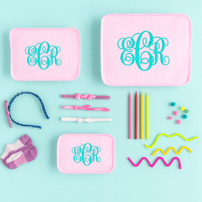 Oh Mint! Monogrammed Pink & White Seersucker Stacking Set | CeCe's Home & Gifts
