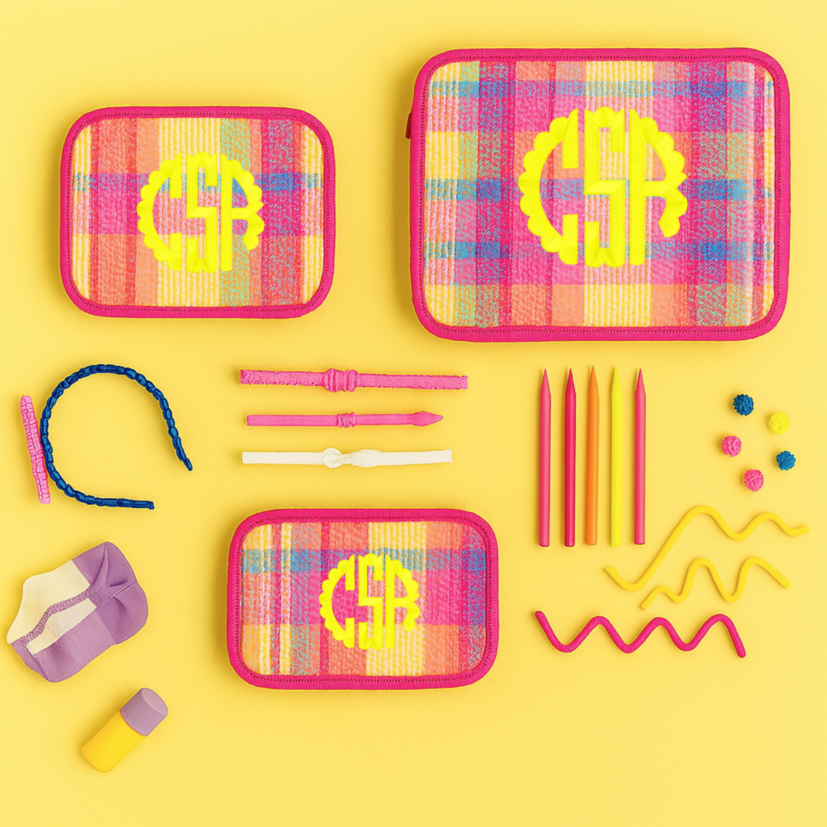 Oh Mint! Monogrammed Popsicle Plaid Seersucker Stacking Set | CeCe's Home & Gifts