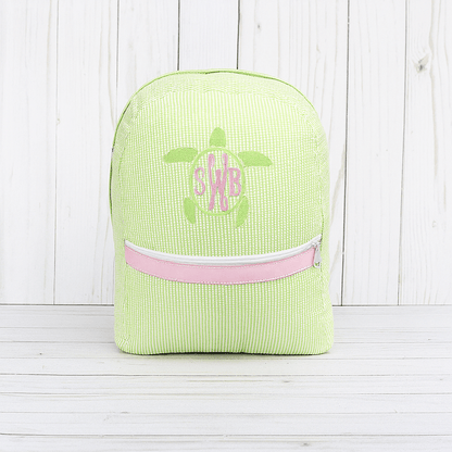 Oh Mint! Monogrammed Sweet Pea Seersucker Medium Backpack | CeCe's Home & Gifts