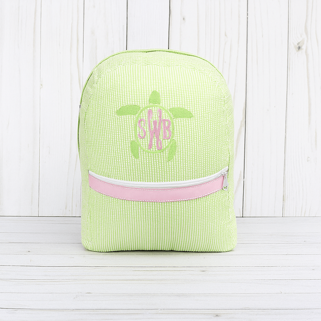 Oh Mint! Monogrammed Sweet Pea Seersucker Small Backpack | CeCe's Home & Gifts