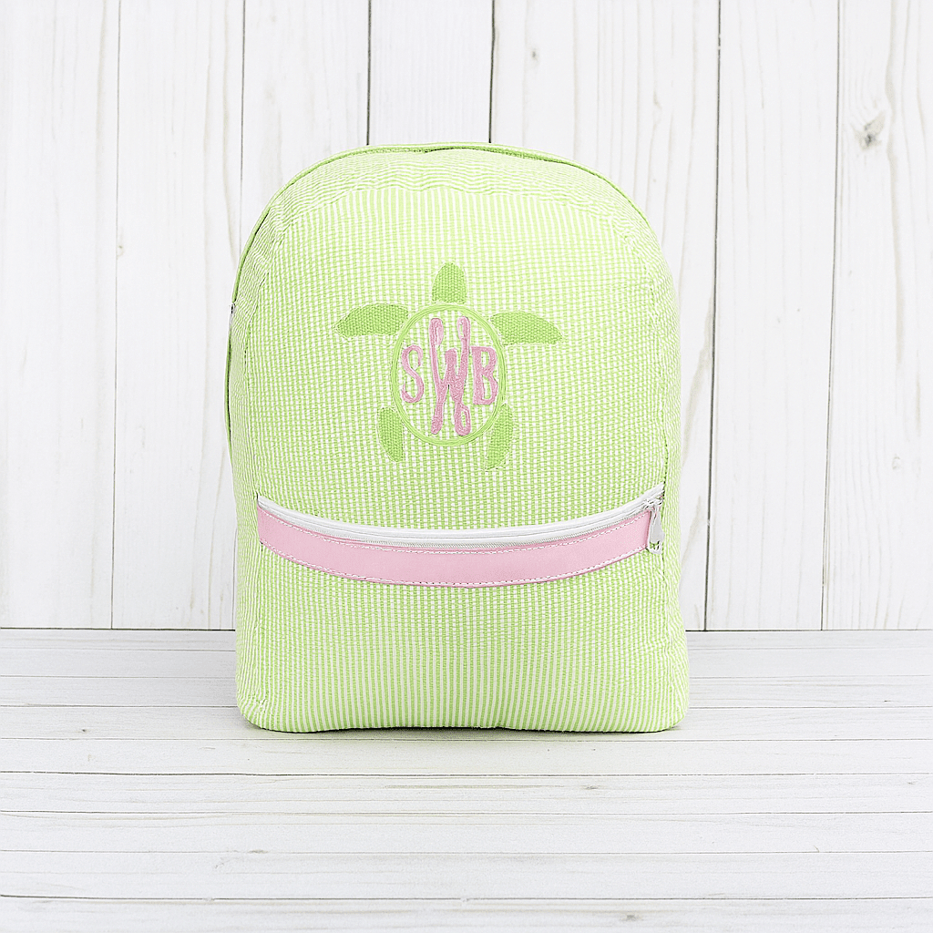 Oh Mint! Monogrammed Sweet Pea Seersucker Small Backpack | CeCe's Home & Gifts