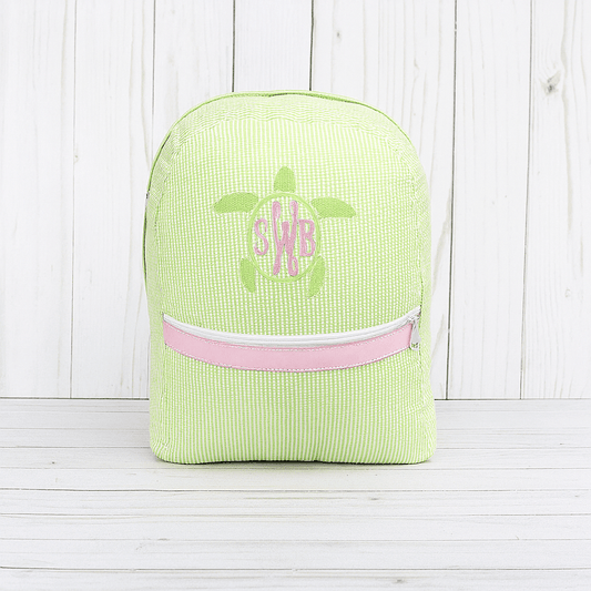 Oh Mint! Monogrammed Sweet Pea Seersucker Small Backpack | CeCe's Home & Gifts