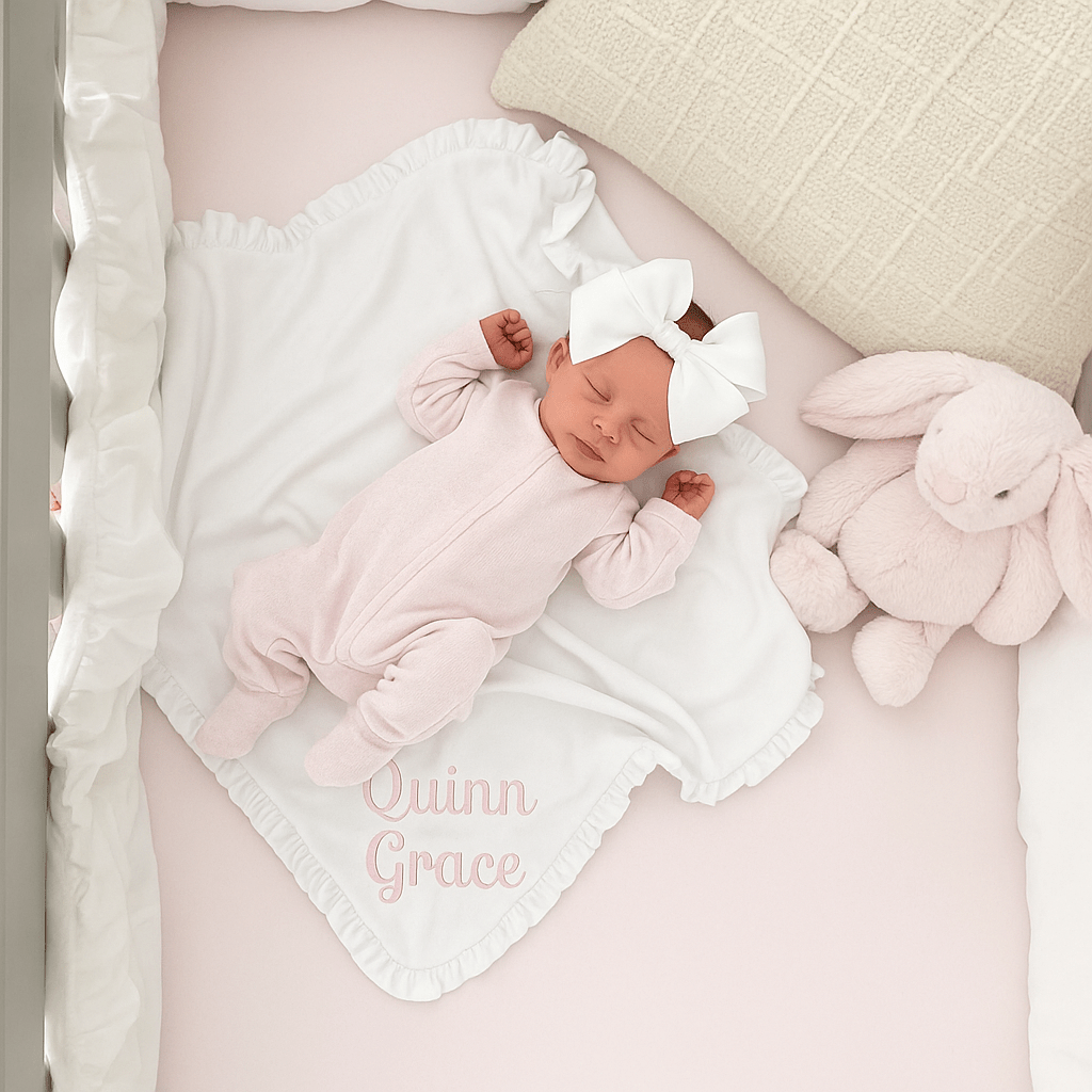 CeCe's Home & Gifts Monogrammed White Ruffled Receiving Blanket | CeCe's Home & Gifts