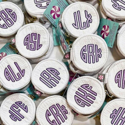 Oh Mint! Monogrammed White Seersucker 6" Jewelry/Cosmetic Bag | CeCe's Home & Gifts