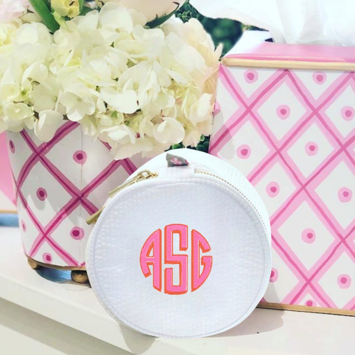 Oh Mint! Monogrammed White Seersucker 6" Jewelry/Cosmetic Bag | CeCe's Home & Gifts