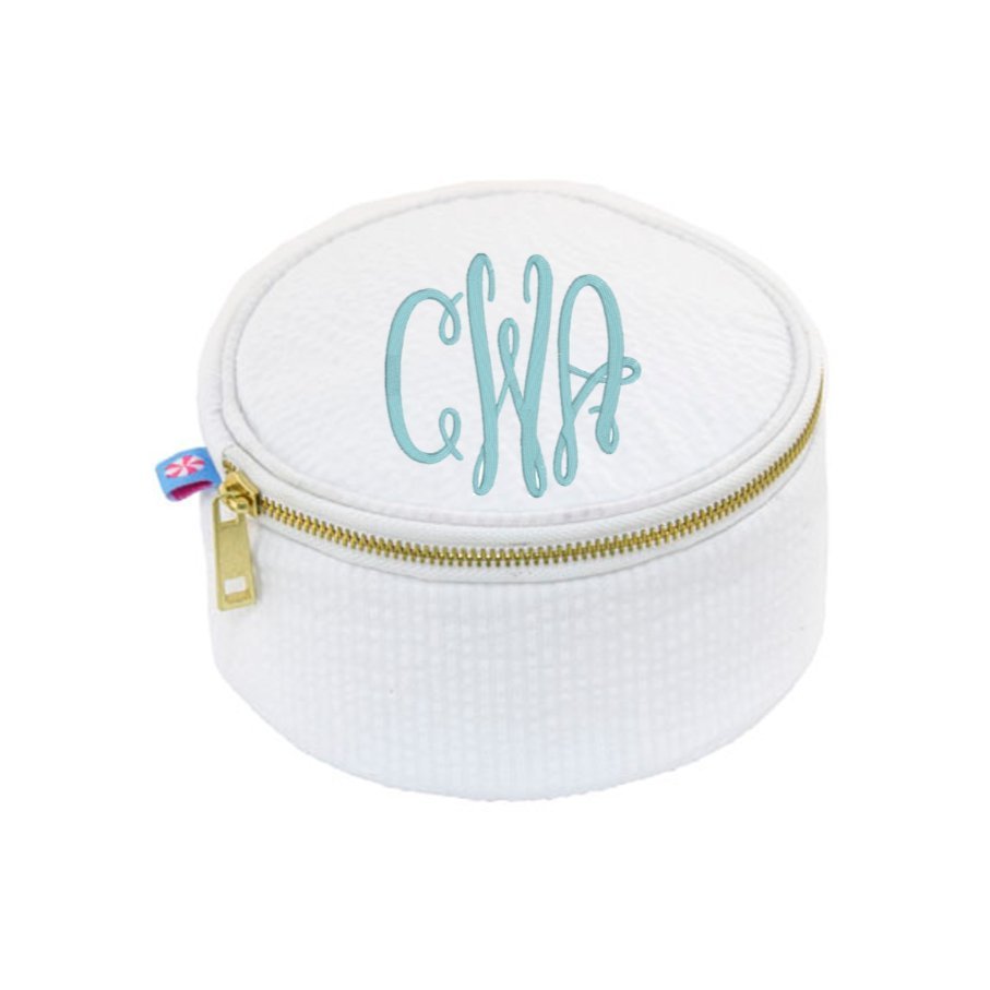 Oh Mint! Monogrammed White Seersucker 6" Jewelry/Cosmetic Bag | CeCe's Home & Gifts