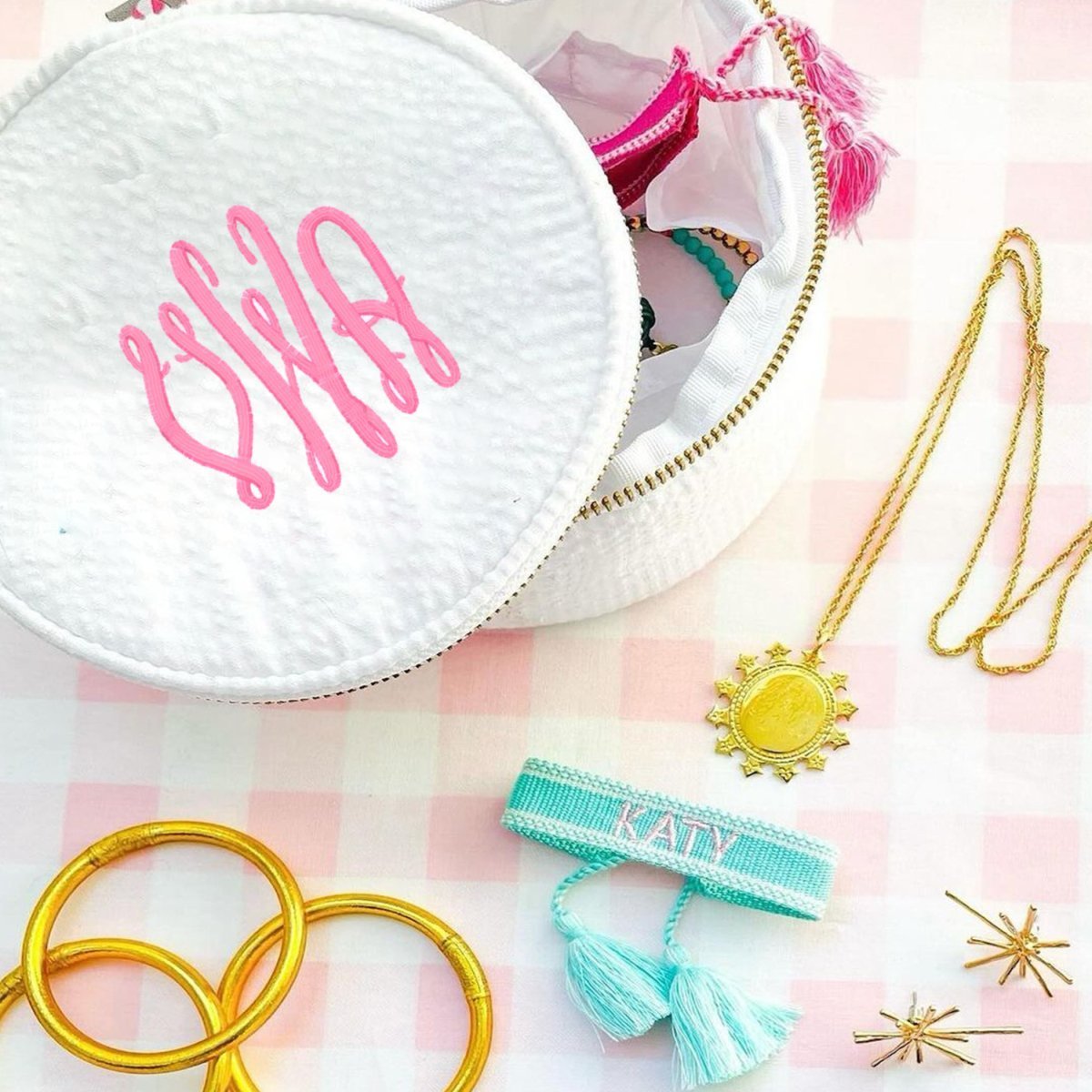 Oh Mint! Monogrammed White Seersucker 6" Jewelry/Cosmetic Bag | CeCe's Home & Gifts