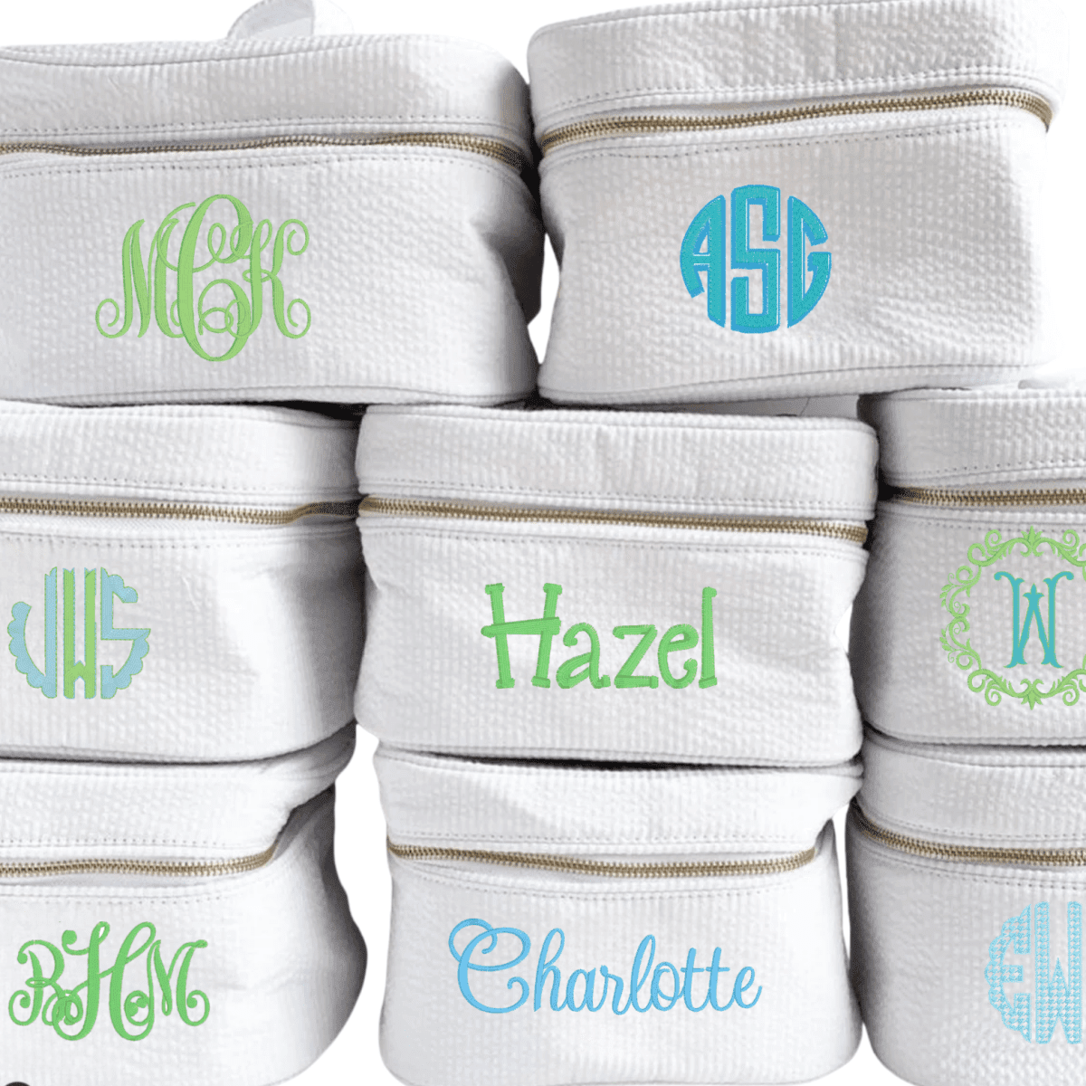 Oh Mint! Monogrammed White Seersucker Train Case | CeCe's Home & Gifts