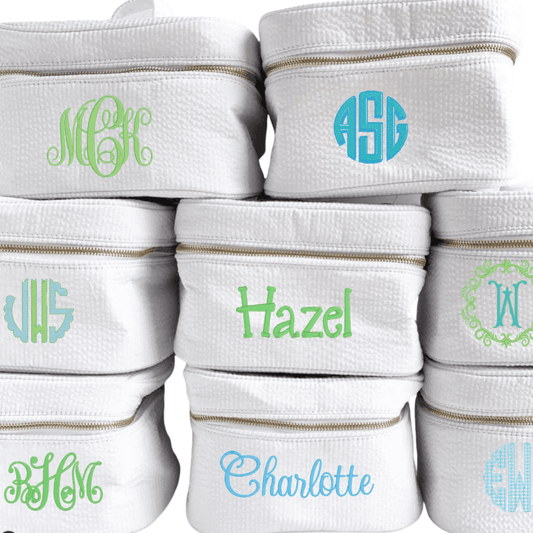 Oh Mint! Monogrammed White Seersucker Train Case | CeCe's Home & Gifts