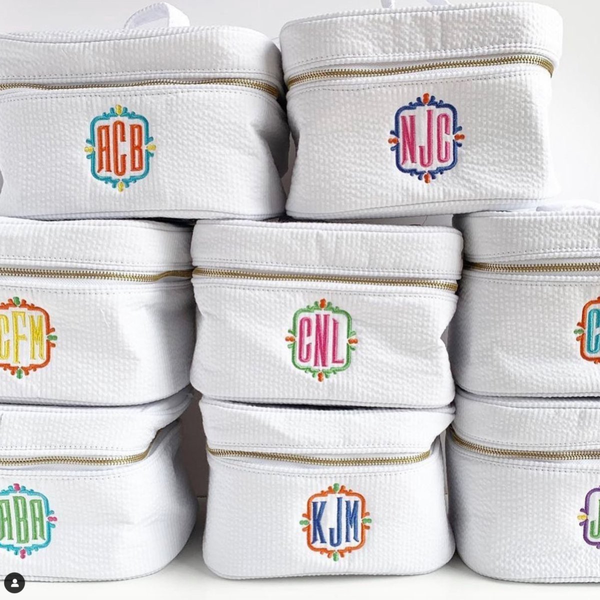 Oh Mint! Monogrammed White Seersucker Train Case | CeCe's Home & Gifts