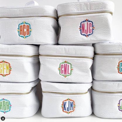 Oh Mint! Monogrammed White Seersucker Train Case | CeCe's Home & Gifts