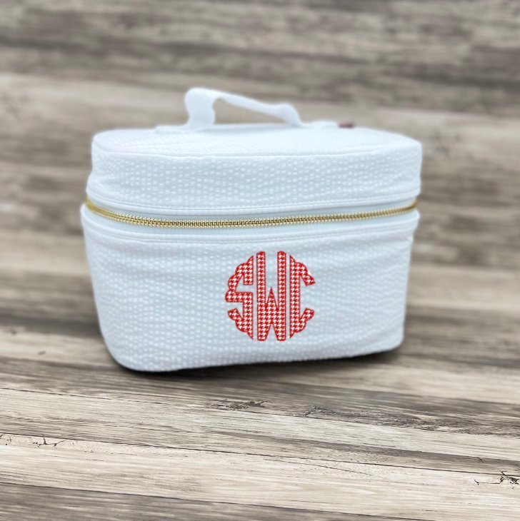 Oh Mint! Monogrammed White Seersucker Train Case | CeCe's Home & Gifts