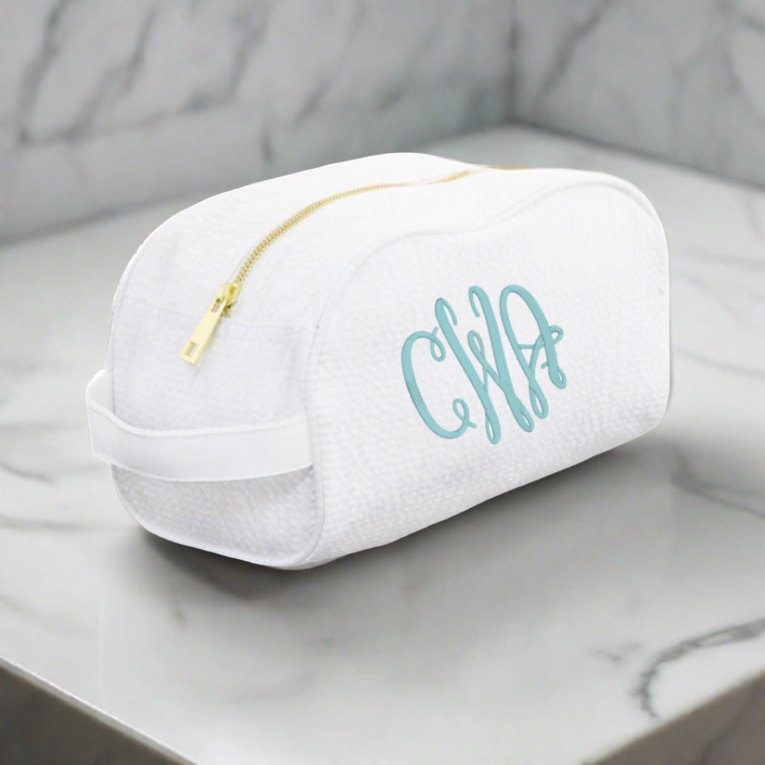 Oh Mint! Monogrammed White Seersucker Traveler Bag | CeCe's Home & Gifts
