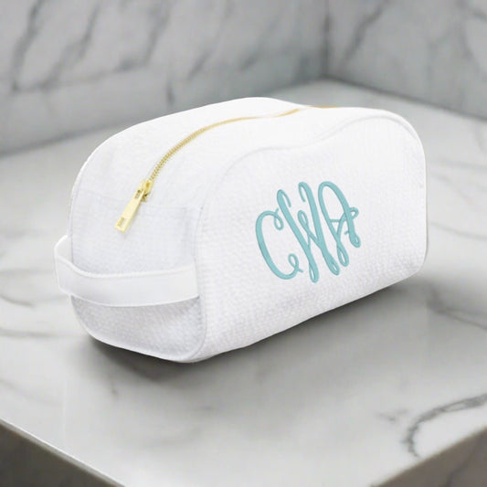 Oh Mint! Monogrammed White Seersucker Traveler Bag | CeCe's Home & Gifts