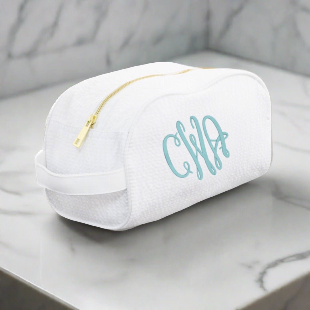 Oh Mint! Monogrammed White Seersucker Traveler Bag | CeCe's Home & Gifts