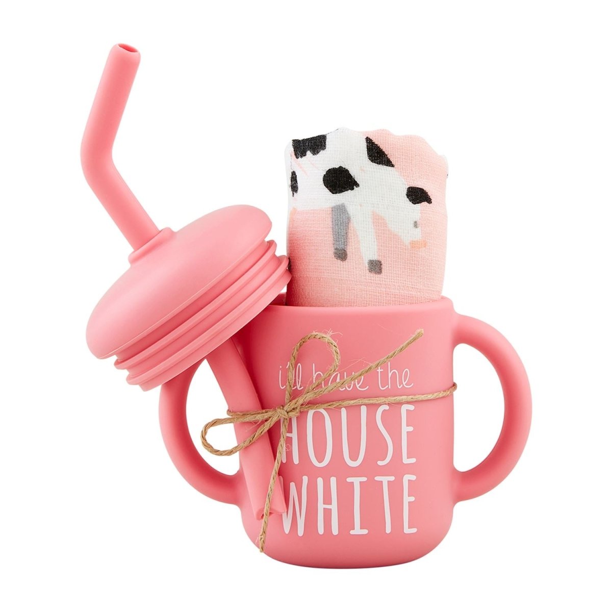 Mud Pie "I Will Have the House White" Pink Farm Silicone Cup & Bib Set - CeCe's Home & Gifts