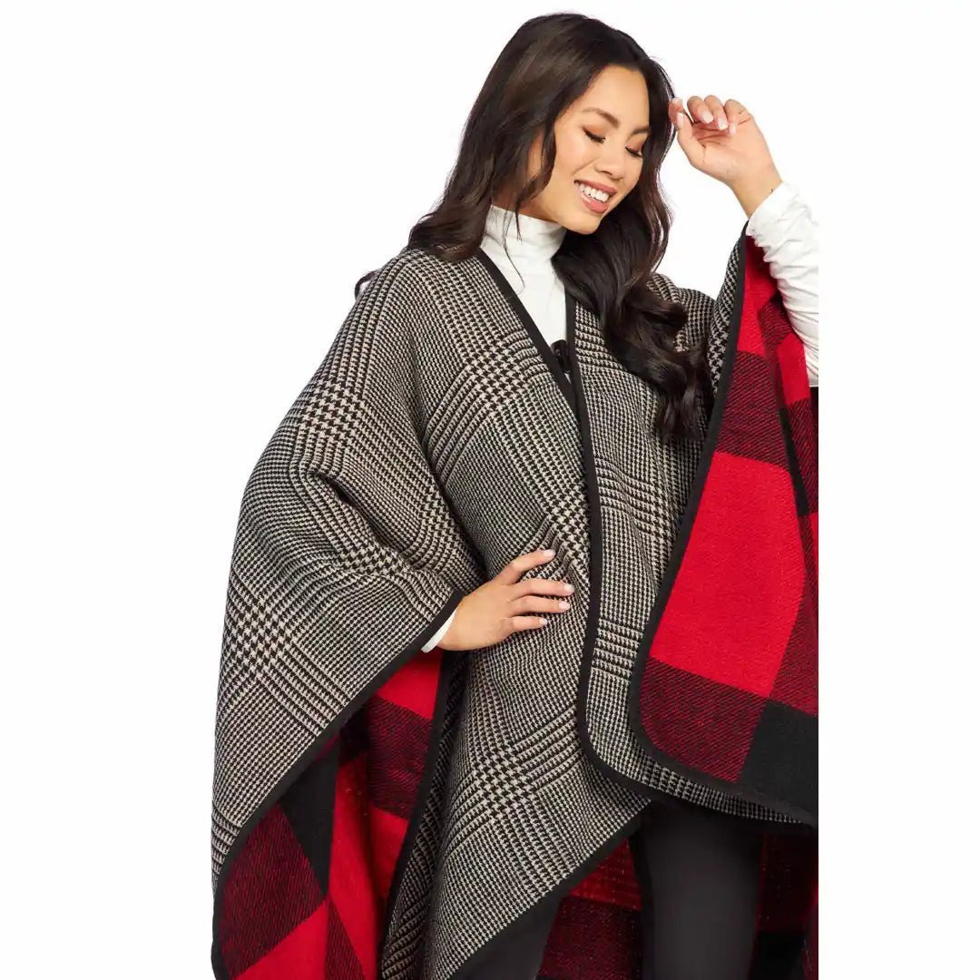 Mud Pie Red Buffalo Check Poncho Wrap - CeCe's Home & Gifts